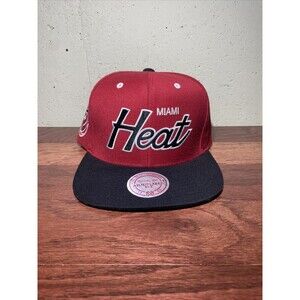 Mitchell & Ness Miami Heat Snapback Hat Cap Dark Red/Black Script